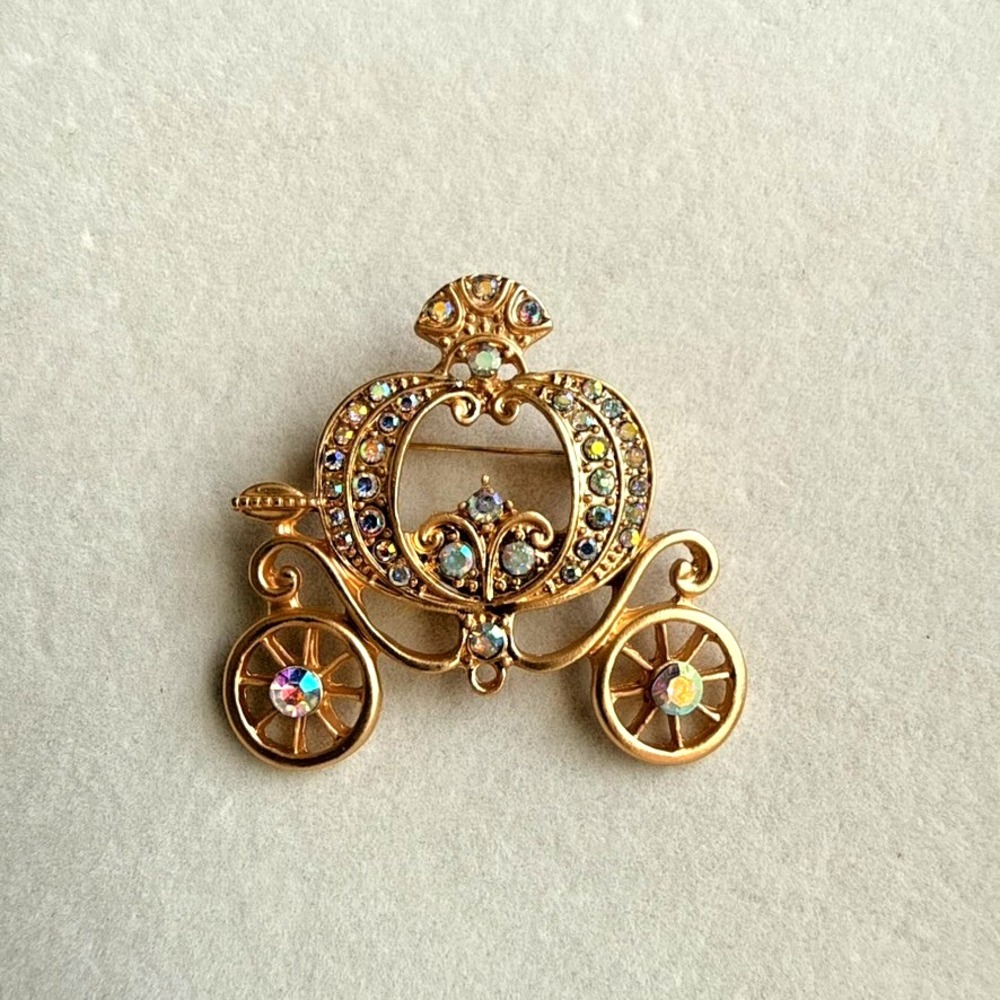 Pumpkin Carriage Brooch Gold Tone AB Rhinestone Princess Fairytale Statement Pin